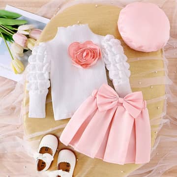 Ensemble pull fleur et jupe plissée rose, rose, photo 2