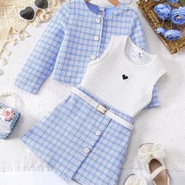 Ensemble carreaux veste, débardeur et jupe bleu, bleu