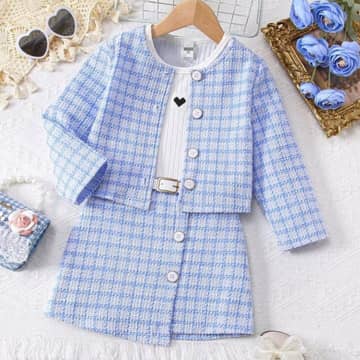 Ensemble carreaux veste, débardeur et jupe bleu, bleu, photo 2