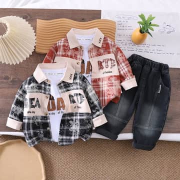 Ensemble chemise carreaux et jean noir, noir, photo 3