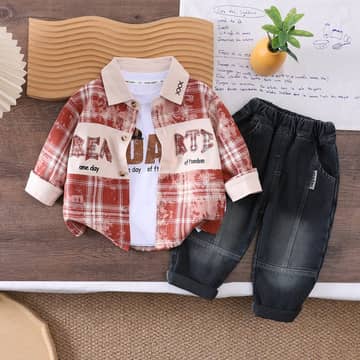 Ensemble chemise carreaux et jean rouge, rouge, photo 2