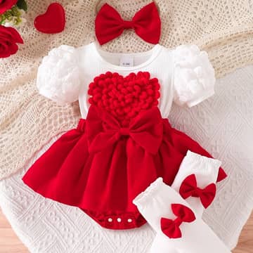 Barboteuse robe cœur manches bouffantes, bandeau et chaussettes rouge, rouge