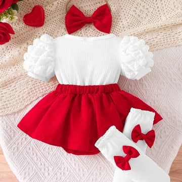 Barboteuse robe cœur manches bouffantes, bandeau et chaussettes rouge, rouge, photo 2
