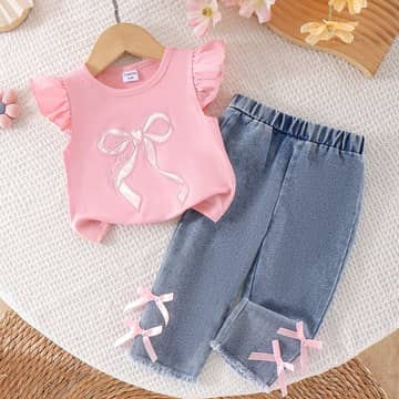 Ensemble t-shirt volants nœud et jean rose, rose