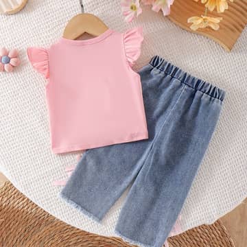 Ensemble t-shirt volants nœud et jean rose, rose, photo 2