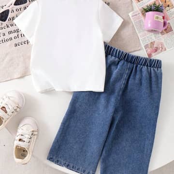 Ensemble t-shirt papillon et pantacourt jean blanc, blanc, photo 4
